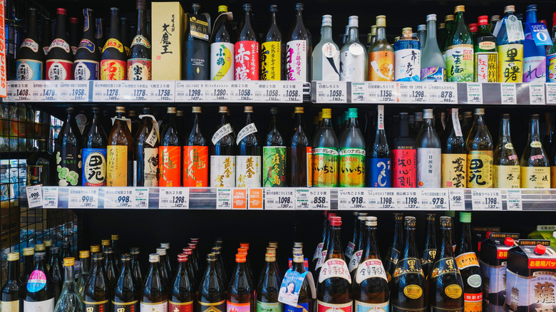 Shelf of several sake types