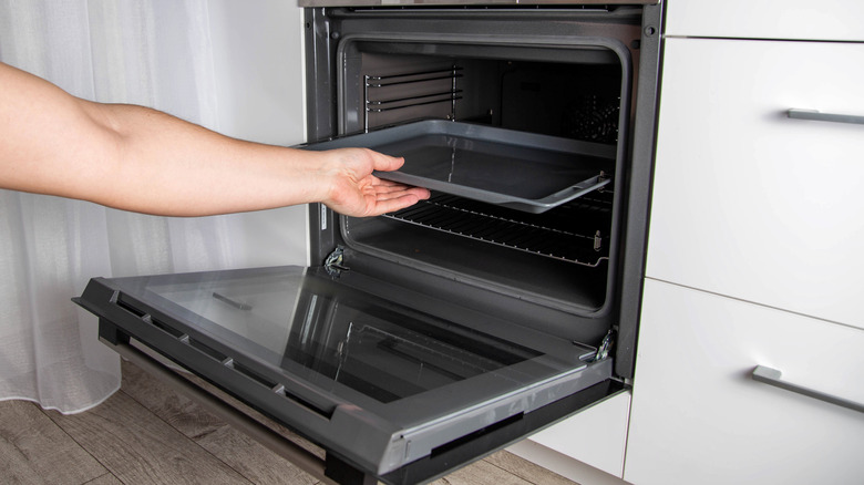 empty baking sheet in oven