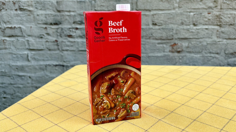 Target Good & Gather beef broth carton on yellow tablecloth