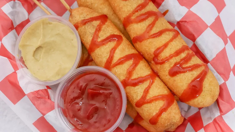 corn dogs with sauces