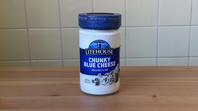 Litehouse blue cheese dressing on a wood table