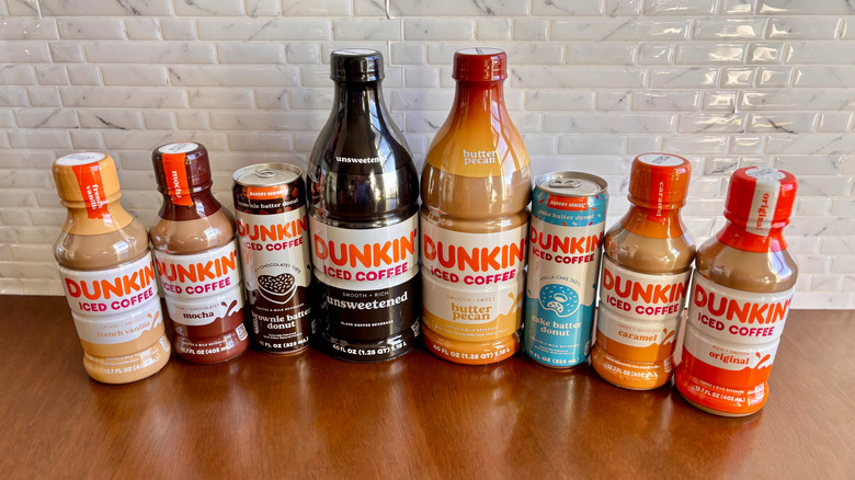 Dunkin' bottled and canned coffees on table