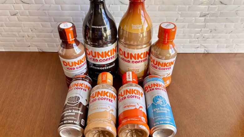 Dunkin' bottled and canned coffees lined up