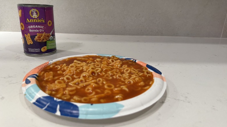 Paper plate on a white counter with Annie's Bernie O's and an empty can.