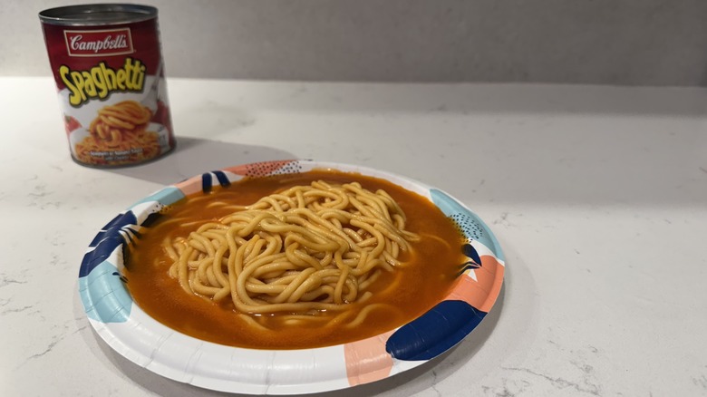 Paper plate on white counter with spaghetti and an empty can.