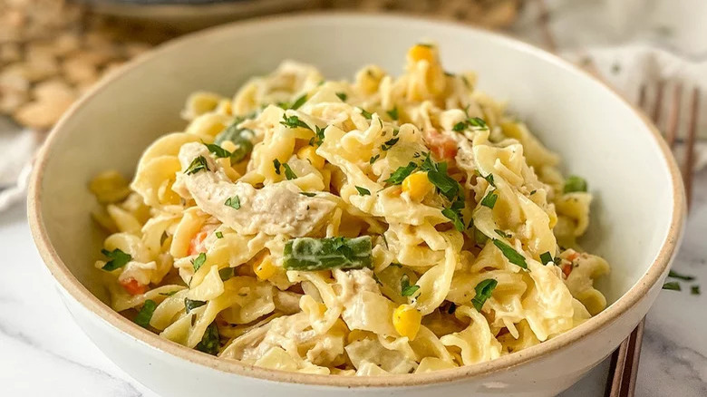 Bowl of chicken pot pie pasta 