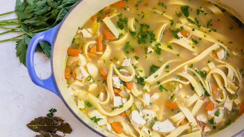 Pot of chicken noodle soup 