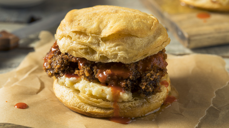 spicy fried chicken on biscuit