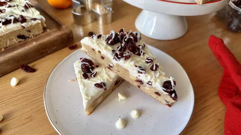 Copycat Starbucks cranberry bliss bars stacked on white plate