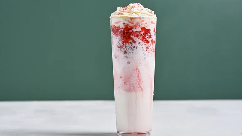 Copycat Starbucks strawberry merry cream blended cream Frappuccino on white counter