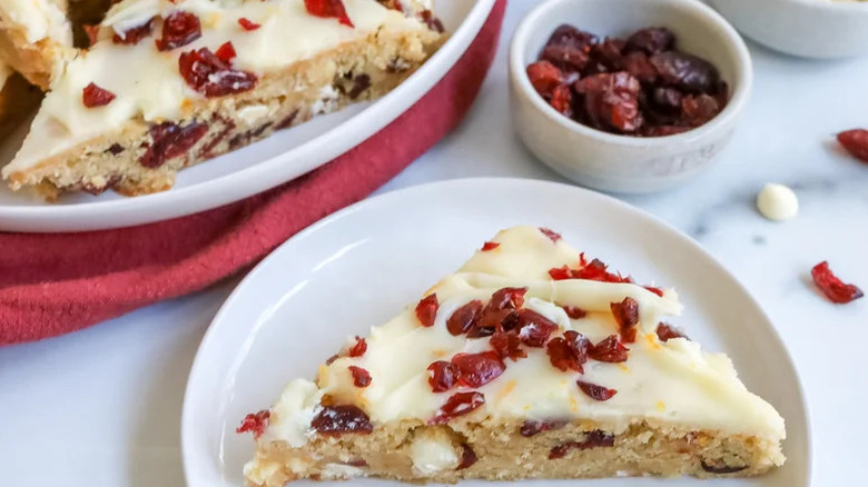 Starbucks-inspired cranberry bliss cheesecake bars on white plate