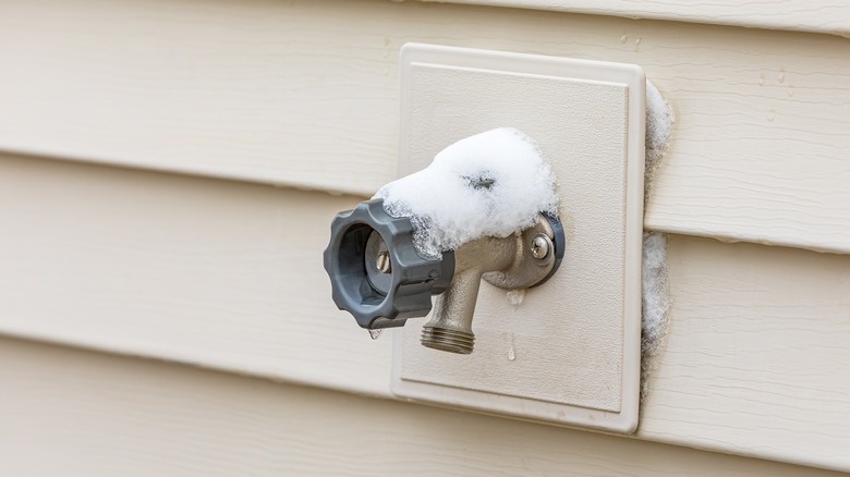 Frozen spigot with snow