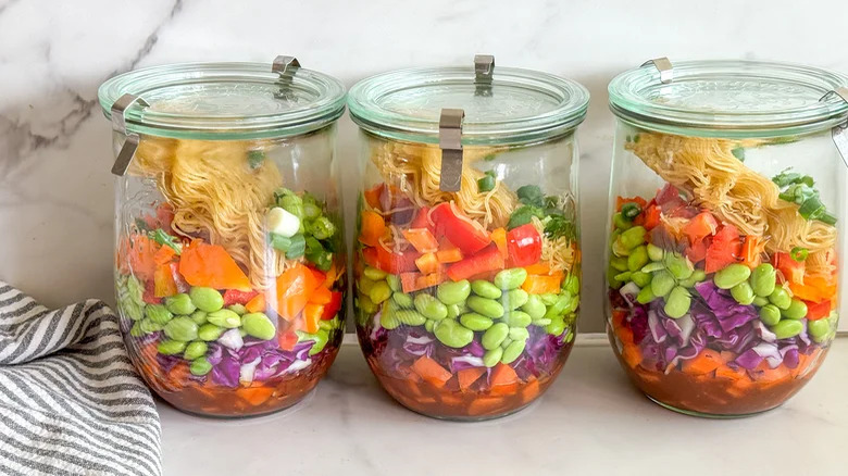 three ramen meal prep jars