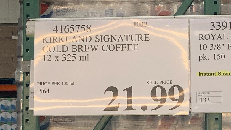 Costco price tag advertising Kirkland cold brew coffee for 21.99