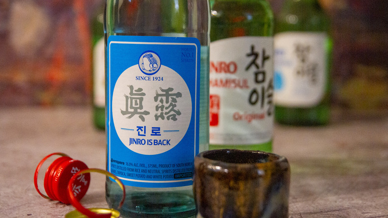 Closeup Bottles of Soju