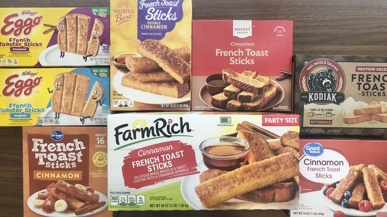 Boxes of frozen French toast sticks laid out next to each other.