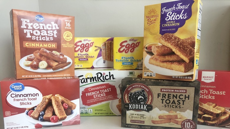 Boxes of frozen French toast sticks stacked on top of each other.