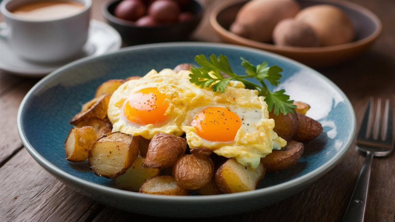 Two fried eggs on a bed of fried potatoes halves