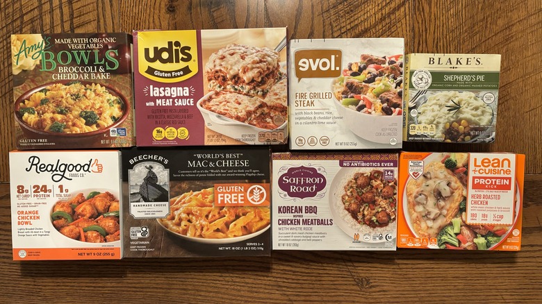 frozen gluten-free dinner boxes on table