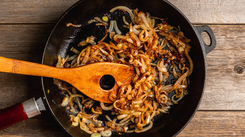 Caramelized onions in black pan