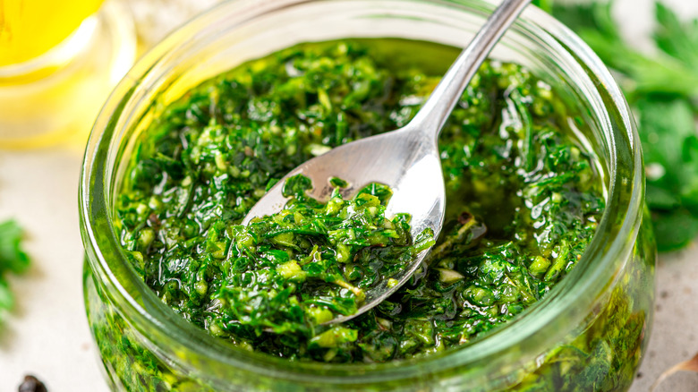 Chimichurri sauce in jar