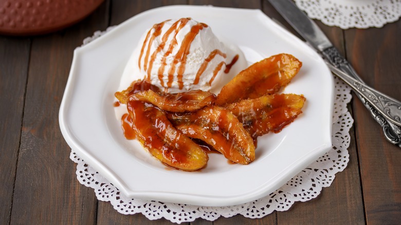 Bananas Foster on white plate