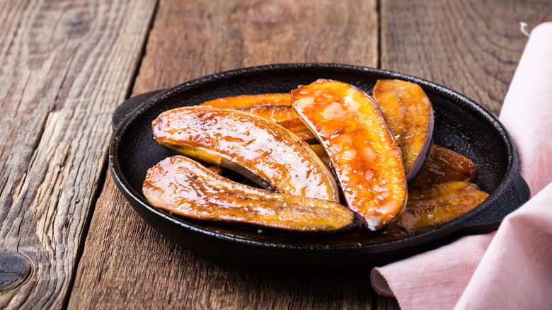 Roasted bananas in cast-iron skillet