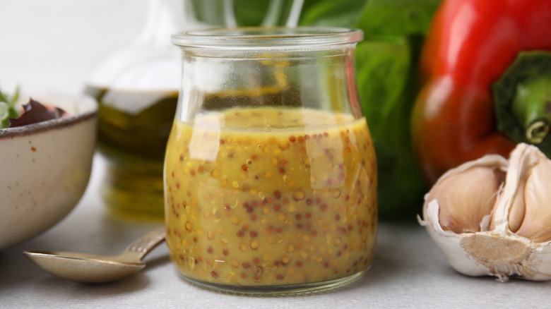 mustard vinaigrette in glass jar