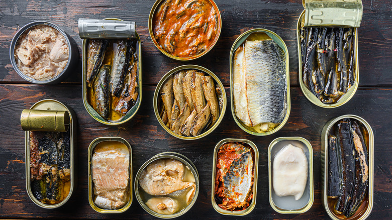 Assortment of canned seafood