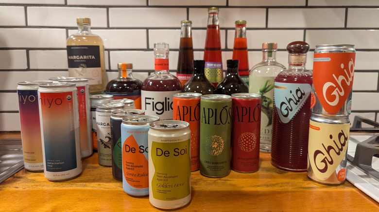 large assortment of canned and bottled non-alcoholic aperitifs