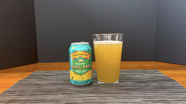 Sierra Nevada hazy IPA in pint glass on bar mat