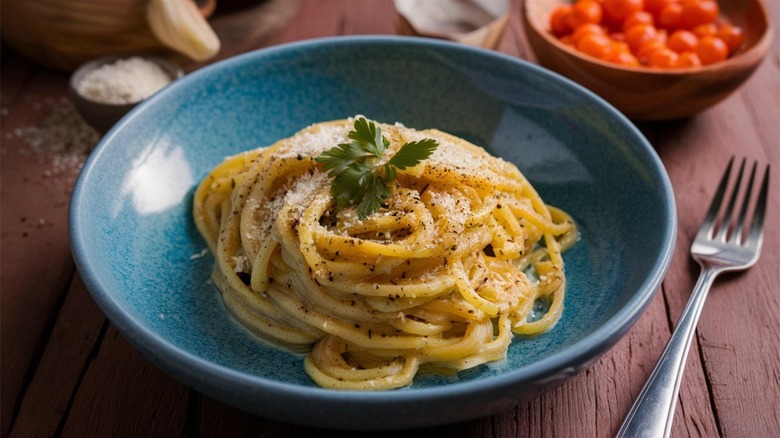 cacio e pepe in a blue bowl