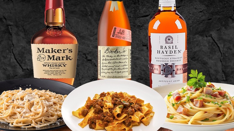 whiskey bottles with pasta dishes