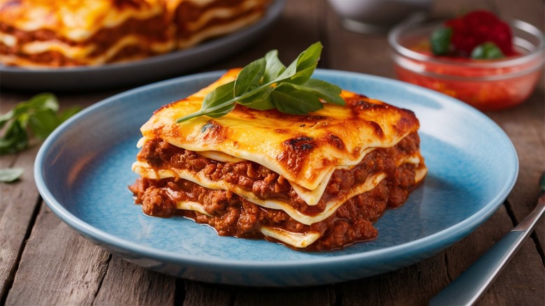 lasagna bolognese on a blue plate