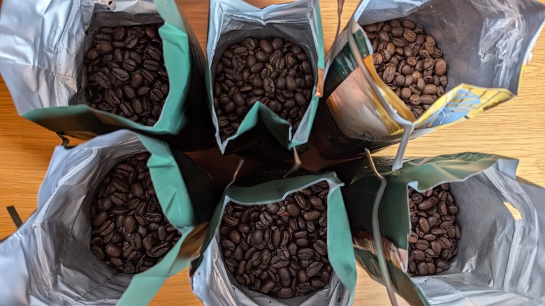 six open bags of coffee