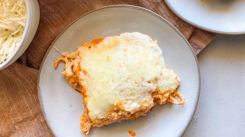 Buffalo chicken lasagna on plate 