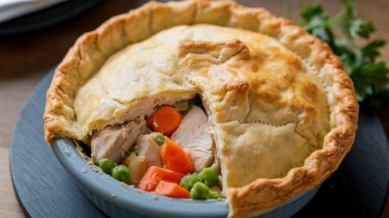 Fresh baked chicken pie with crust cut out