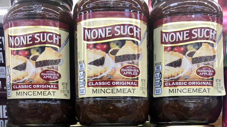 Jars of classic mincemeat mixture displayed on shelf