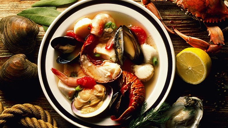 bowl of seafood with broth