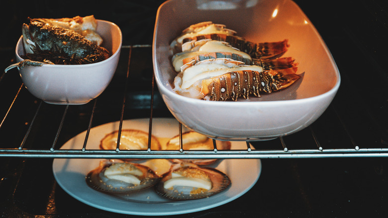 assorted seafood in oven