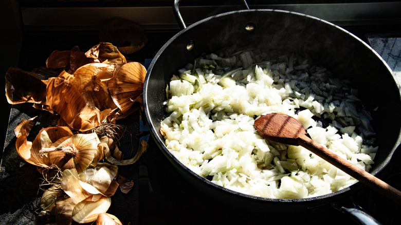 Chopped onions in pan