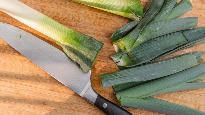 leek greens on cutting board