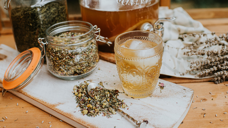 Tea leaves and tea being steeped