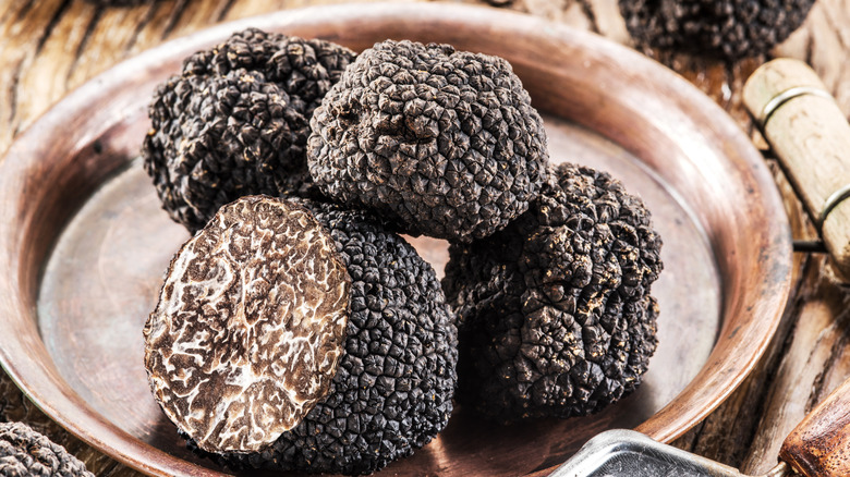 Black summer truffles assembled on a copper plate with a brown, wood background