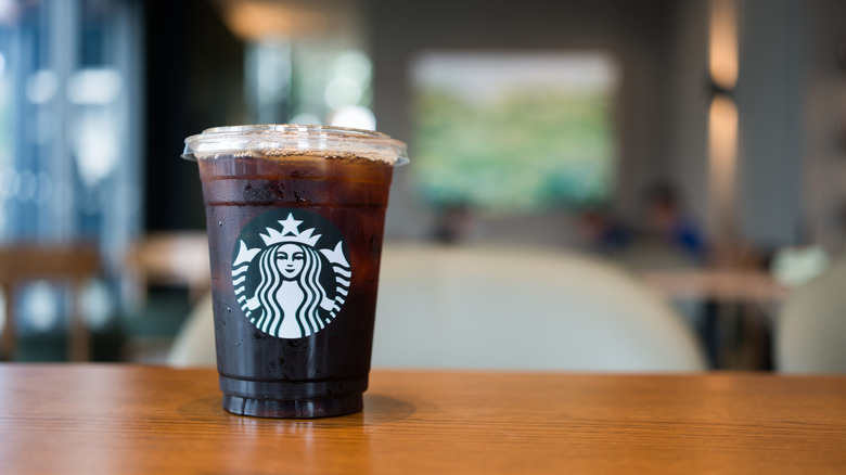 Iced Starbucks drink in a clear plastic cup