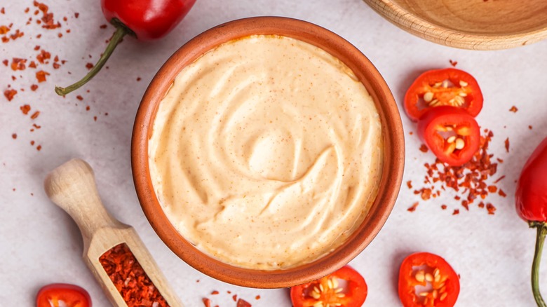 Chipotle aioli and spicy peppers