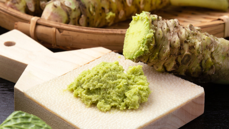 Wasabi grated on cutting board