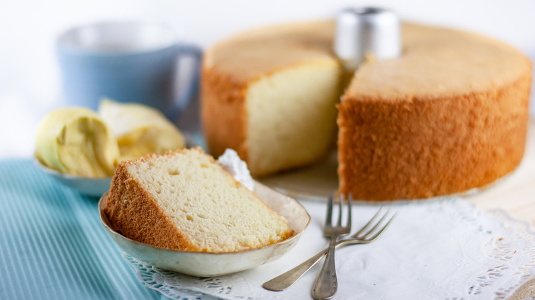 Slice of chiffon cake on plate