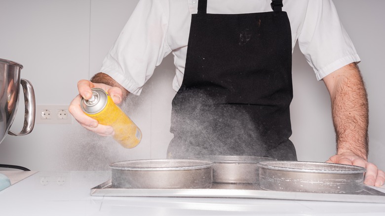 Baker using cooking spray