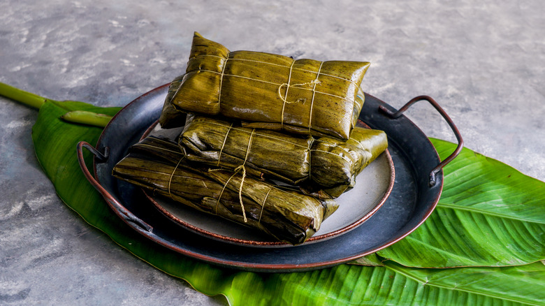 Food wrapped in banana leaves